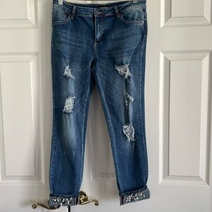 Bebe the Minx pearled & studded heavily distressed cuffed jeans size 32